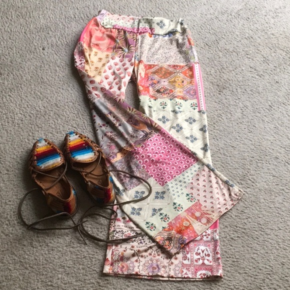 None Pants - MULTI COLOR BOHO PATCHWORK WIDE LEG STRETCH SATIN PANTS